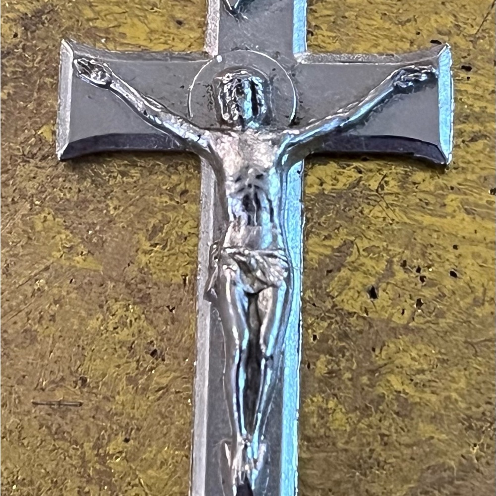 Vintage Silver Tine metal Crucifix Necklace Pendant
